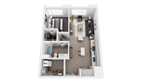 Floor plan for 1 bed, 1 bath, 673 sqft